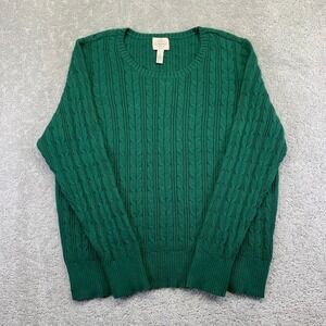 St Johns Bay Women Cable Knit Sweater Green Cotton Blend Crew Neck Long Sleeve